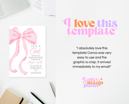 Editable Pink Bow Baby Shower Invitation, It's A Girl Baby Shower, Pink Coquette Bow Invitation Baby Shower Girl Invite, Bow Invite, VDC12