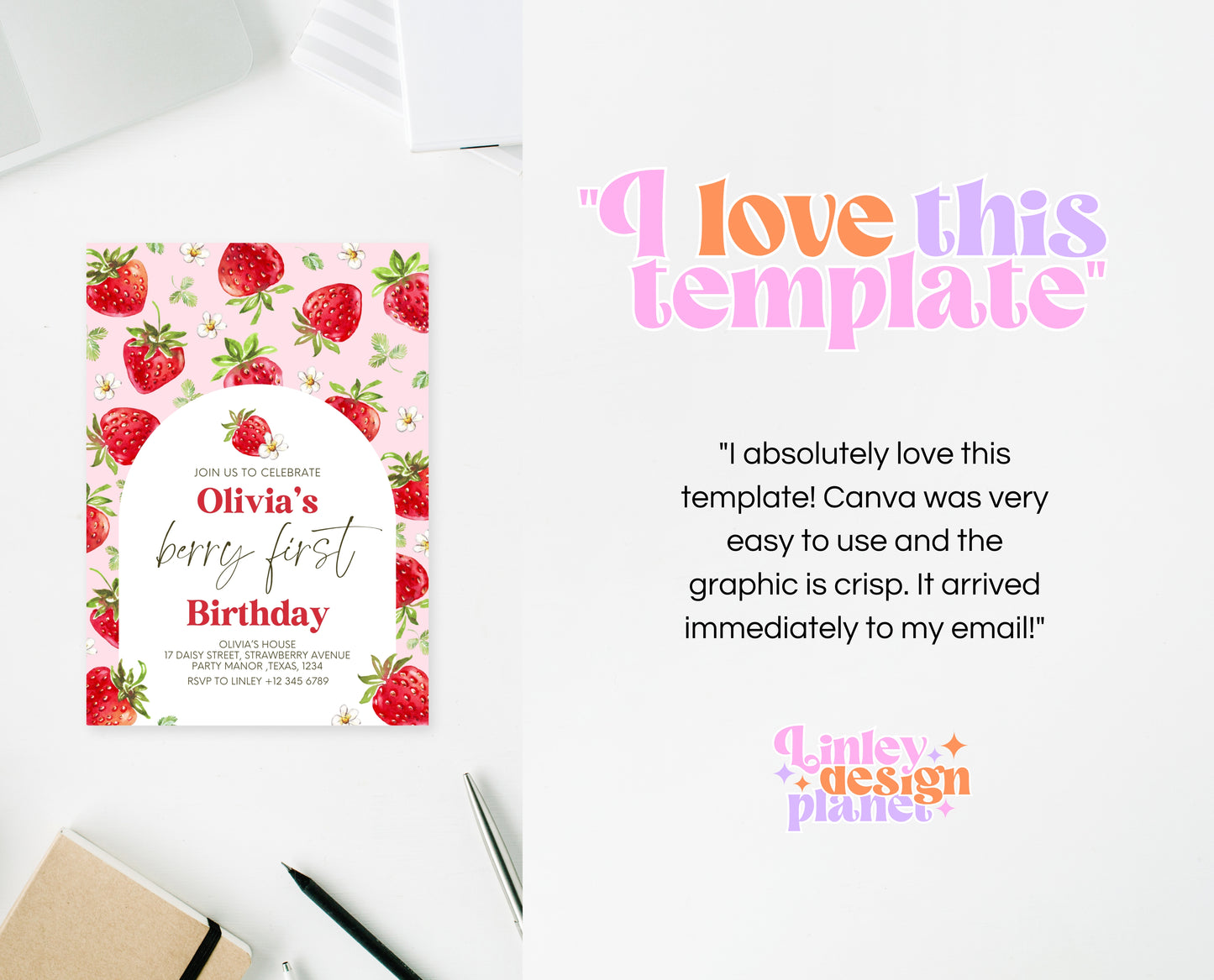 Editable Berry First Birthday Invitation, Strawberry Arch 1st Birthday Girl Invite, Printable Strawberry First Birthday Girl Invitation, GBP05
