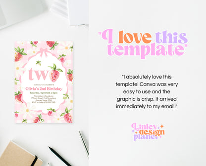Editable Strawberry 2nd Birthday Invitation, Strawberry 2nd Birthday Girl Invite, Whimsical Strawberry 2nd Birthday Girl Invitation, GBP06