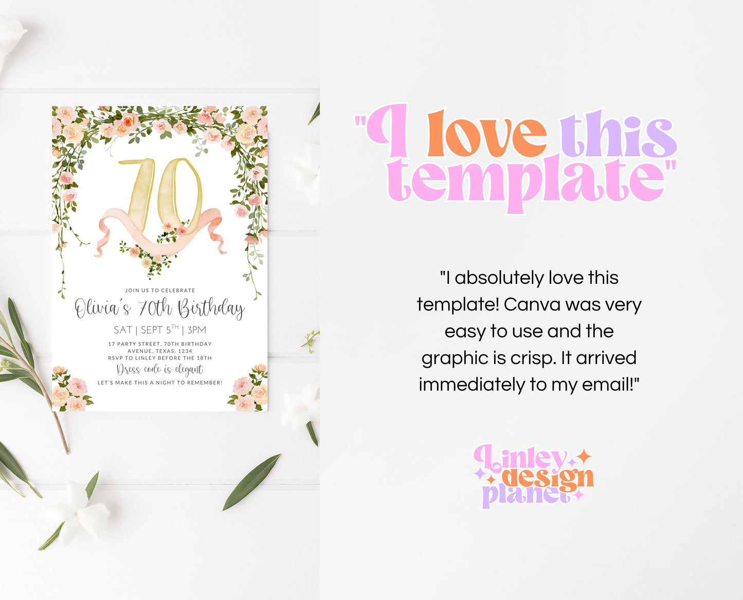 Editable 70th Birthday Invitation Blush Pink Gold Watercolor Roses Digital Template Modern Mobile Invite Instant Download Printable AB10