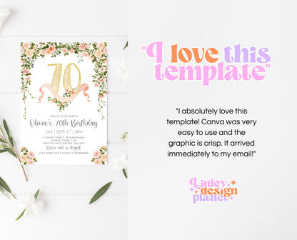 Editable 70th Birthday Invitation Blush Pink Gold Watercolor Roses Digital Template Modern Mobile Invite Instant Download Printable AB10