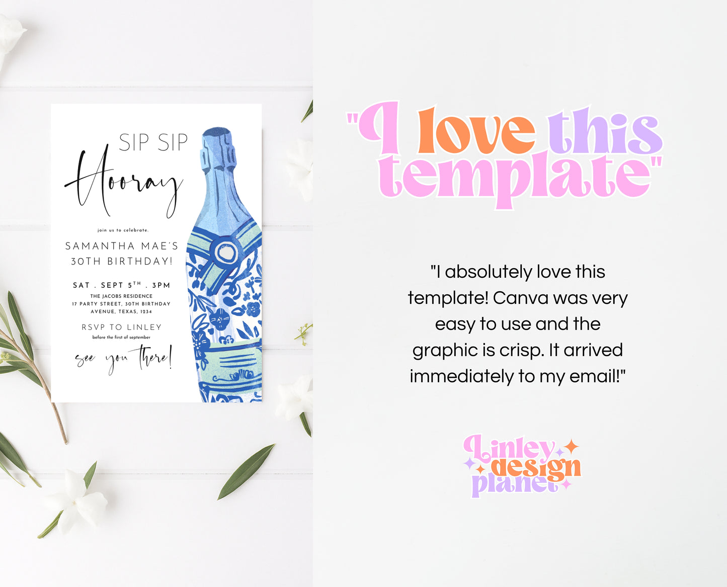 Editable Sip Sip Hooray Champagne Birthday Invitation Blue Modern Minimalist Boozy Party Printable Invite Template Instant Download