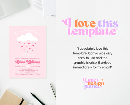 Editable Valentine Baby Shower Invitation, Showered With Love Baby Shower Invite, Pink Cloud Hearts Baby Shower Invite, Download, VDC11
