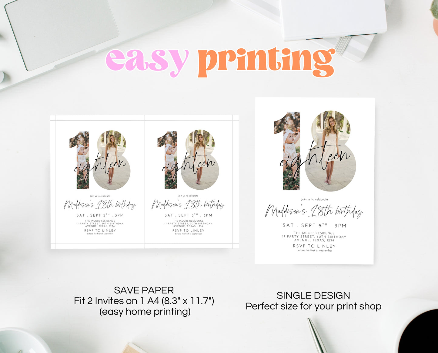 Editable 18th Birthday Invitation Photo Minimalist Modern Elegant Design Simple Digital Party Template Printable Invite Instant Download