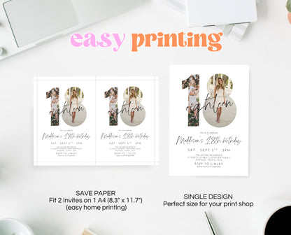 Editable 18th Birthday Invitation Photo Minimalist Modern Elegant Design Simple Digital Party Template Printable Invite Instant Download