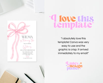 Editable Pink Bow Birthday Invitation, Girl First Birthday Printable, Pink Coquette Bow Invitation Birthday Girl Invite, Bow Invite, VDC12