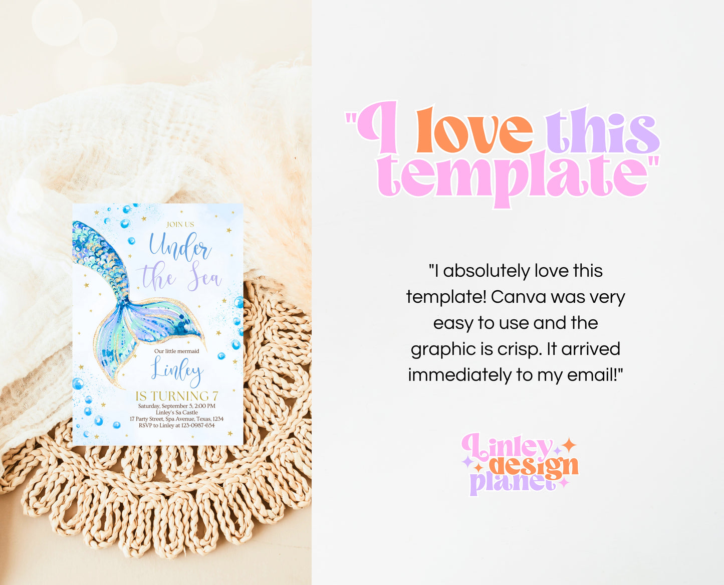 Editable Mermaid Tail Birthday Invitation, Under the Sea Birthday Invitation, Birthday Template, Blue And Gold Glitter Mermaid Invite, GBP12