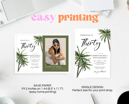 Editable Palm Birthday Invitation Template Folk Palm Trees Summer Party Beach Theme Watercolour Modern Instant Download Printable AB12