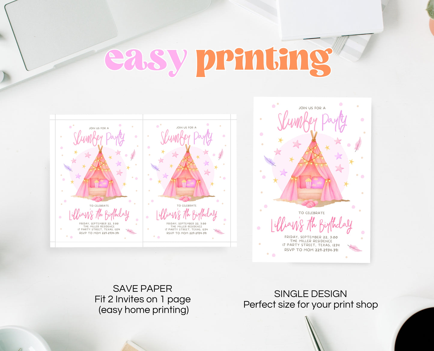 Editable Slumber Birthday Invitation Pink Glamping Spa Sleepover Party Movie Night Tween Teen Printable Template Instant Download GBP51