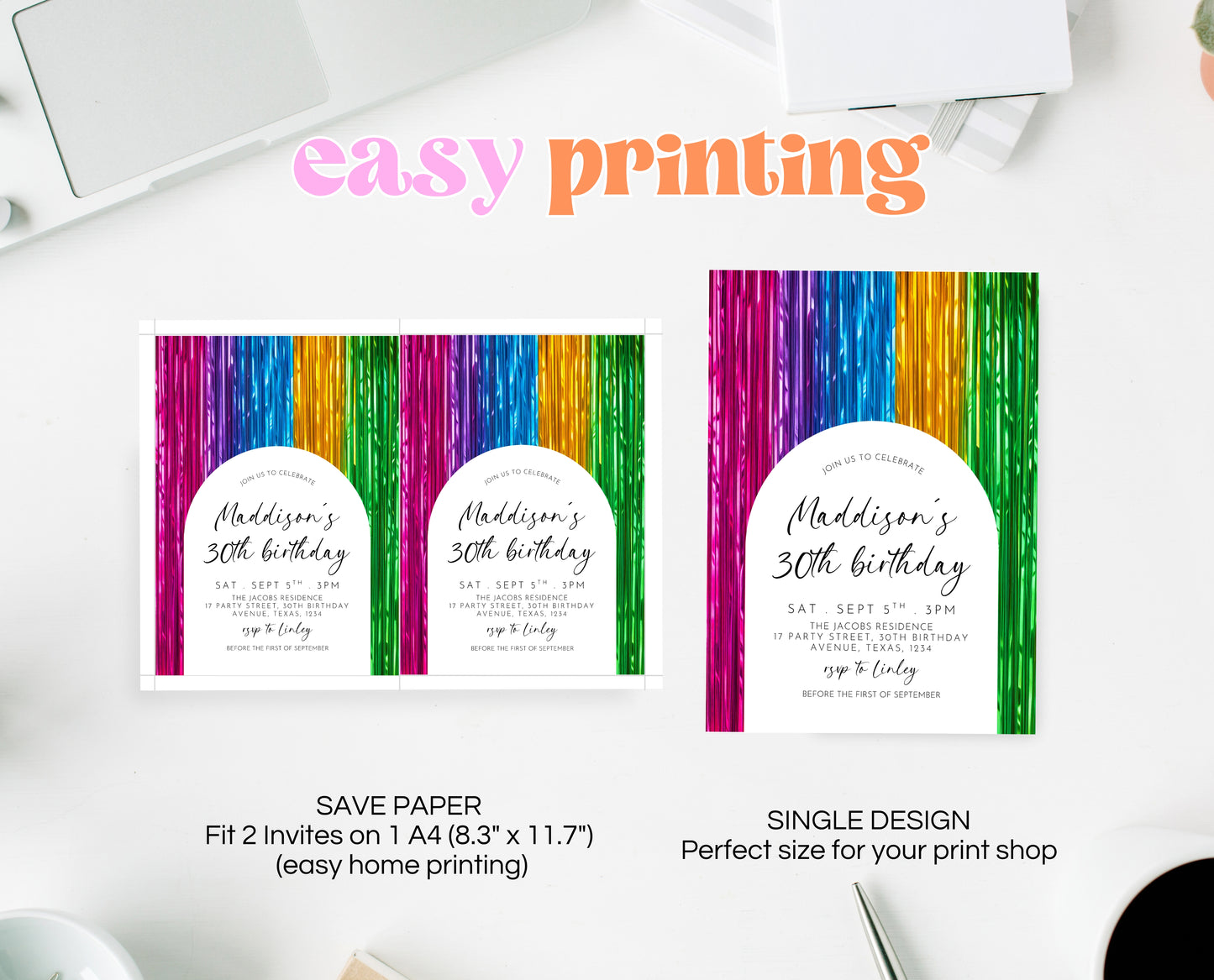 Editable Rainbow Birthday Invitation Streamers Theme Colorful Any Age Party Digital Template Instant Download Printable Invite