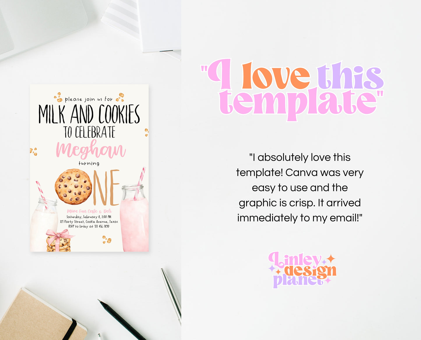 Editable Milk And Cookies Birthday Invitation, Pink Milk And Cookies First Birthday Invite, Printable Girl First Birthday Invite, GBP01