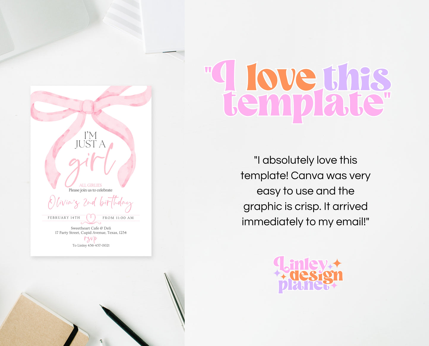 Editable Pink Bow Birthday Invitation, Girl First Birthday Printable, Pink Coquette Bow Invitation Birthday Girl Invite, Bow Invite, VDC12
