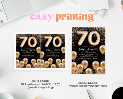 Editable 70th Birthday Invitation Black and Gold Design Modern 70th Party Invite Digital Template Printable Instant Download