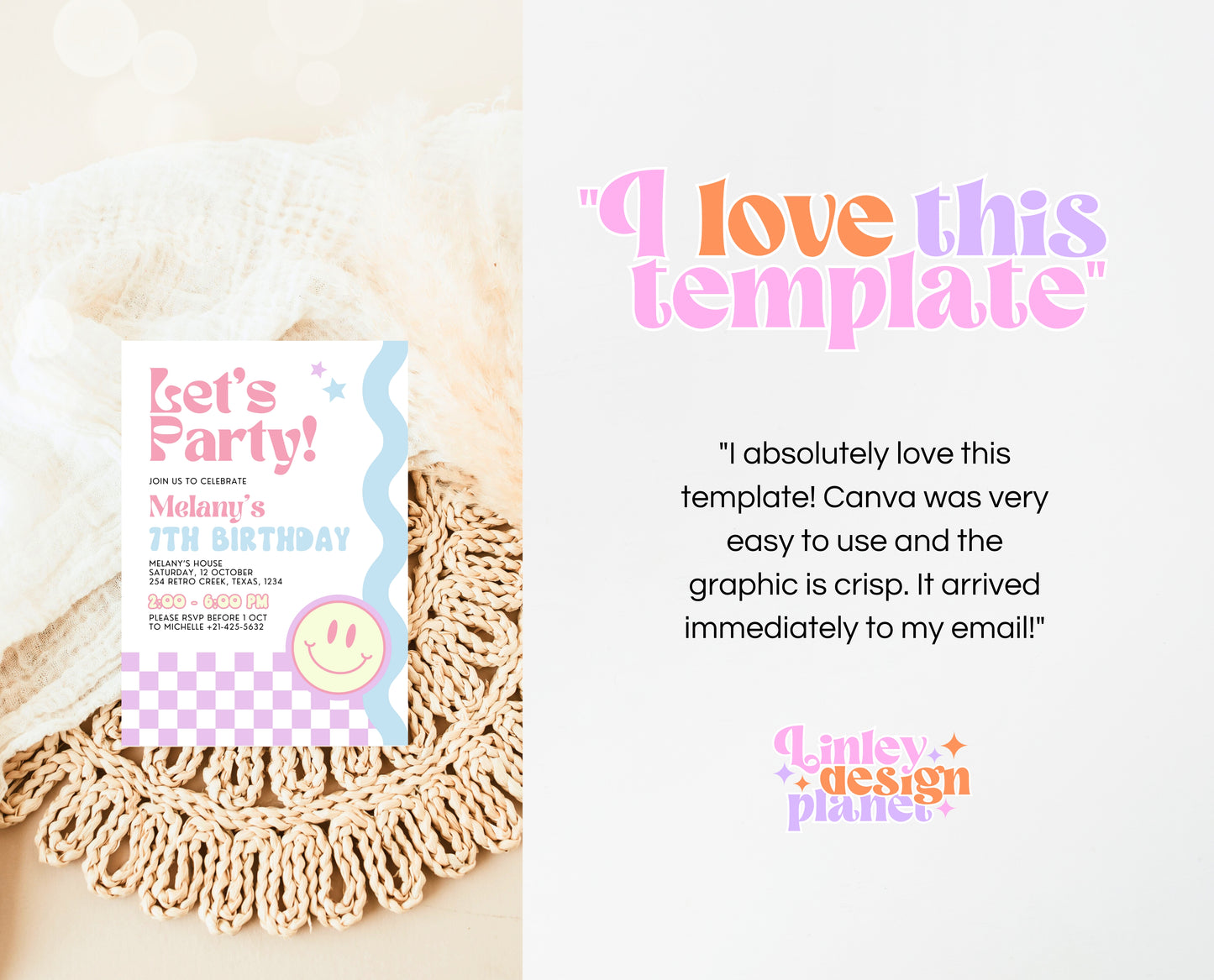 Editable Retro Smiley Birthday Invitation, Preppy Smile Theme Invite, Pink Checkered Smiley Birthday Invite, Retro Smiley Girl Invite, GBP17