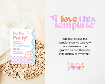 Editable Retro Smiley Birthday Invitation, Preppy Smile Theme Invite, Pink Checkered Smiley Birthday Invite, Retro Smiley Girl Invite, GBP17