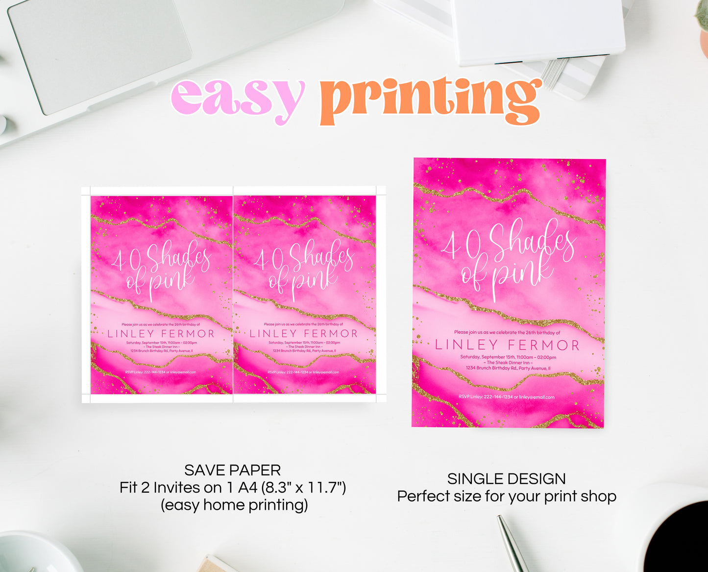 Editable Hot Pink and Gold Birthday Invitation Glam Party Template for Any Age Modern Printable Shades Of Pink Invite Instant Download AB18