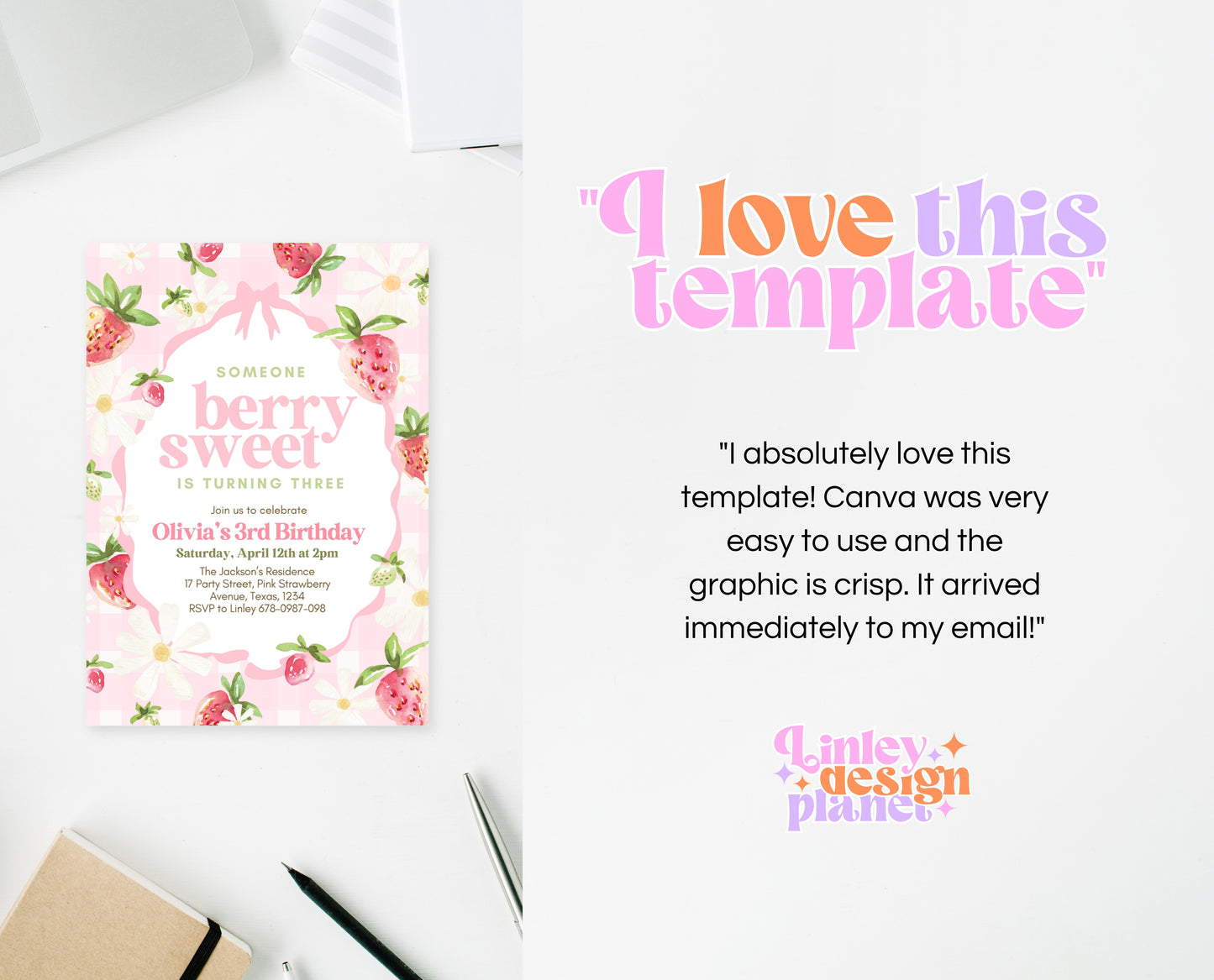 Editable Berry Sweet Birthday Invitation, Pink Strawberry Birthday Girl Invite, Whimsical Strawberry Birthday Girl Invitation, Pink, GBP06
