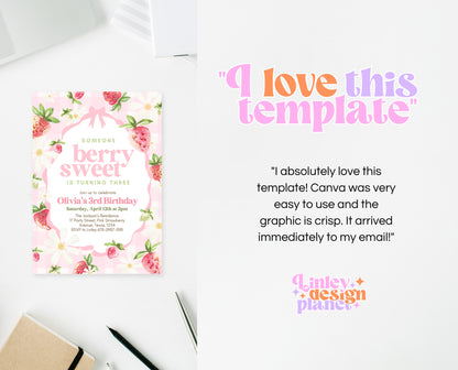 Editable Berry Sweet Birthday Invitation, Pink Strawberry Birthday Girl Invite, Whimsical Strawberry Birthday Girl Invitation, Pink, GBP06