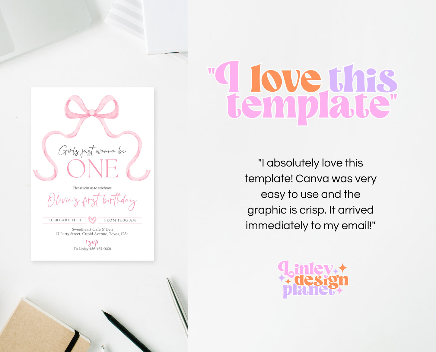 Editable Pink Bow Birthday Invitation, Girl First Birthday Printable, Pink Coquette Bow Invitation Birthday Girl Invite, Bow Invite, VDC12
