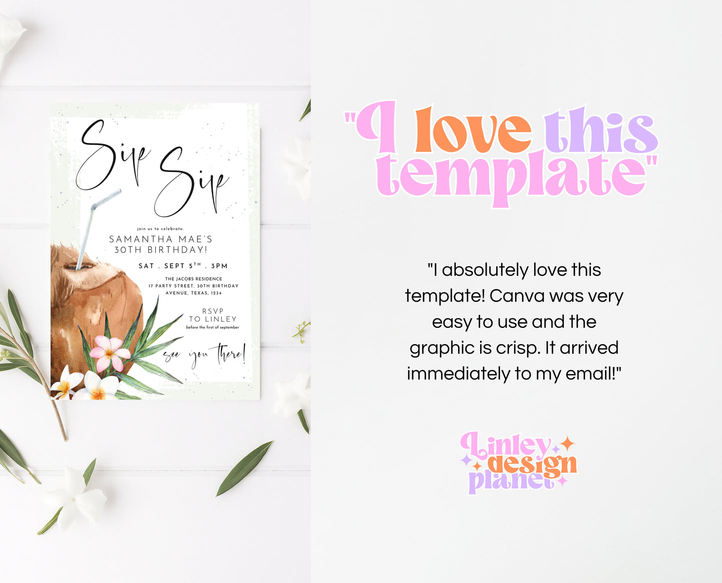 Editable Coconut Cocktail Birthday Invitation Tropical Beach Summer Party Modern Minimalist Printable Invite Template Instant Download