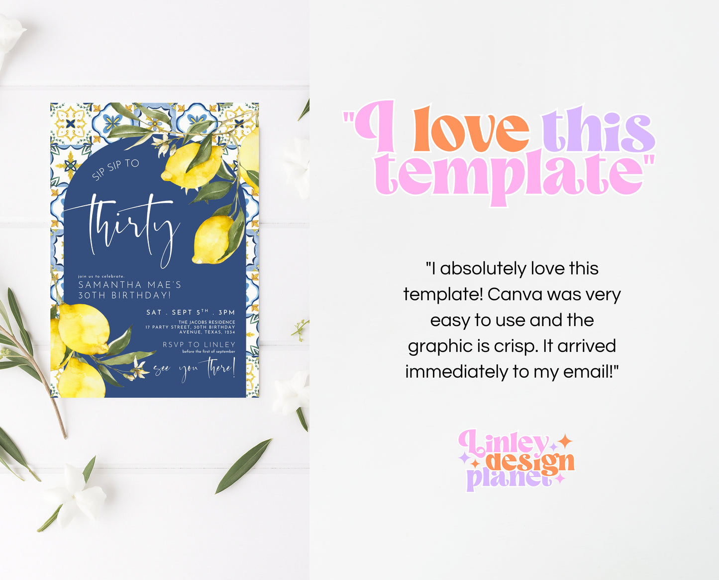 Editable Mediterranean Lemon Birthday Invitation Blue Tiles Italy Theme Summer Party Printable Boho Adult Birthday Invite Template AB15