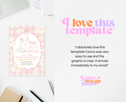 Editable One Silly Goose Birthday Invitation, Girl 1st Birthday Invite, Pink Printable Invite, Goose First Birthday Invite, Template, EPC03