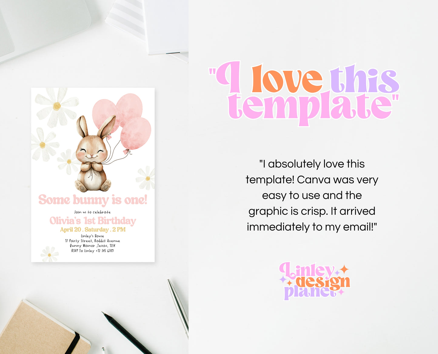 Editable Bunny Birthday Invitation, Some Bunny 1st Birthday Party, Hop On Over Bunny Birthday, Spring Birthday Rabbit Birthday Invite, EPC06