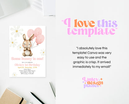 Editable Bunny Birthday Invitation, Some Bunny 1st Birthday Party, Hop On Over Bunny Birthday, Spring Birthday Rabbit Birthday Invite, EPC06