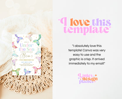 Editable Mermaid Birthday Invitation, Under the Sea Birthday Invitation, Birthday Template, Rainbow Pastel Glitter Mermaid Invite, GBP13
