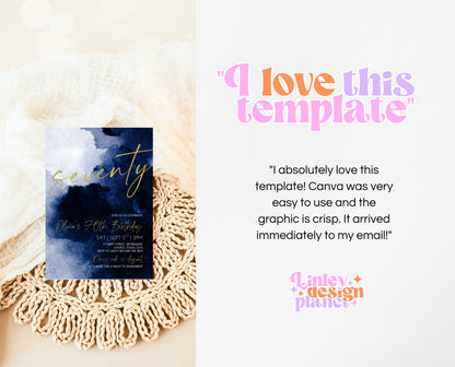 Editable 70th Birthday Invitation, Mobile 70th Birthday Invite, Blue Gold 70th Birthday Decor, Seventy Modern Invite, Instant Download, AB08