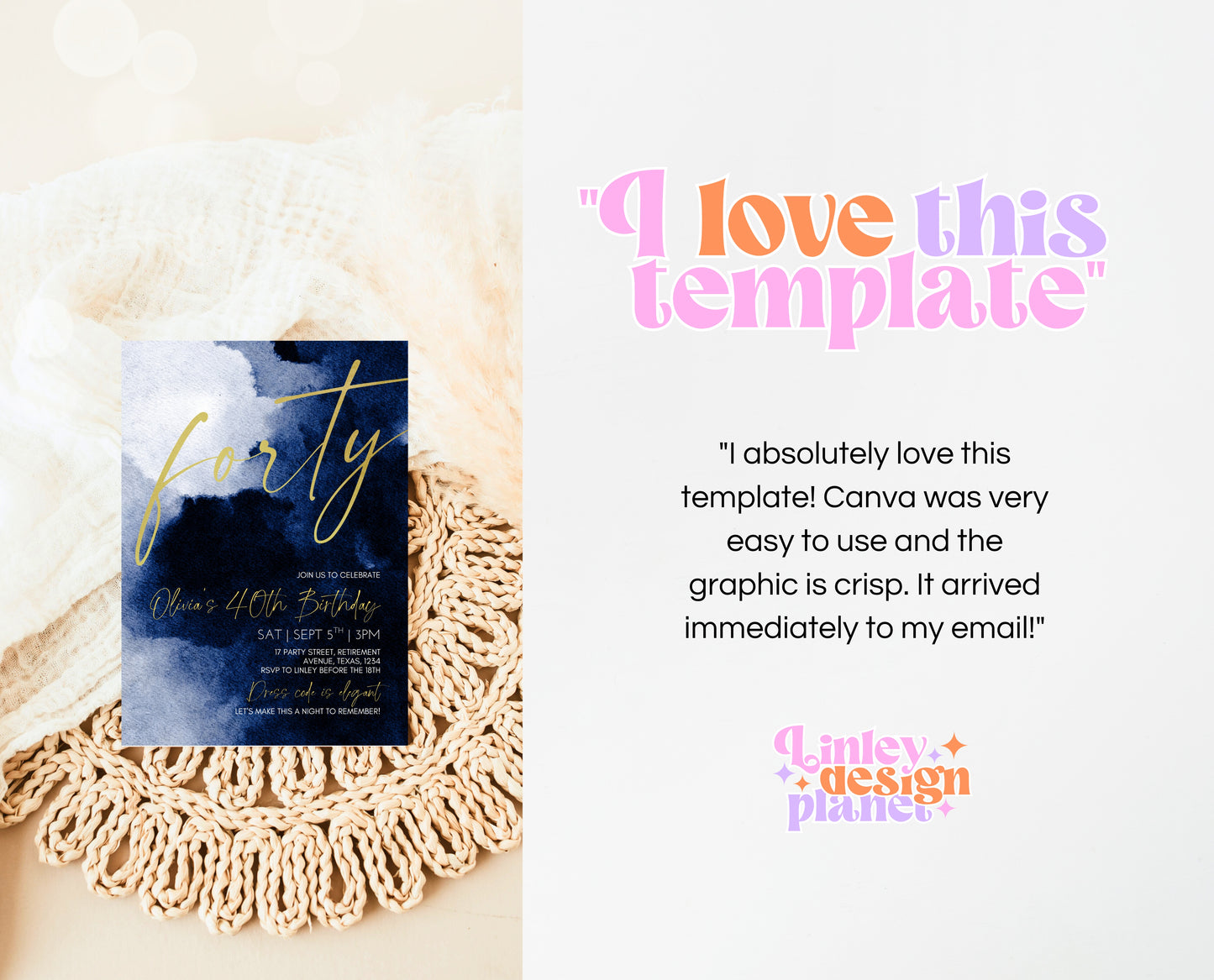 Editable 40th Birthday Invitation, 40th Forty Birthday Invite, Blue Gold 40th Birthday Decor, Fortieth Modern Invite, Instant Download, AB08