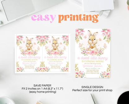 Editable Bunny Baby Shower Invitation, Pink Gold Bunny Invite, Girl Floral Bunny Baby Shower, Spring Rabbit Baby Shower Invite, EPC10