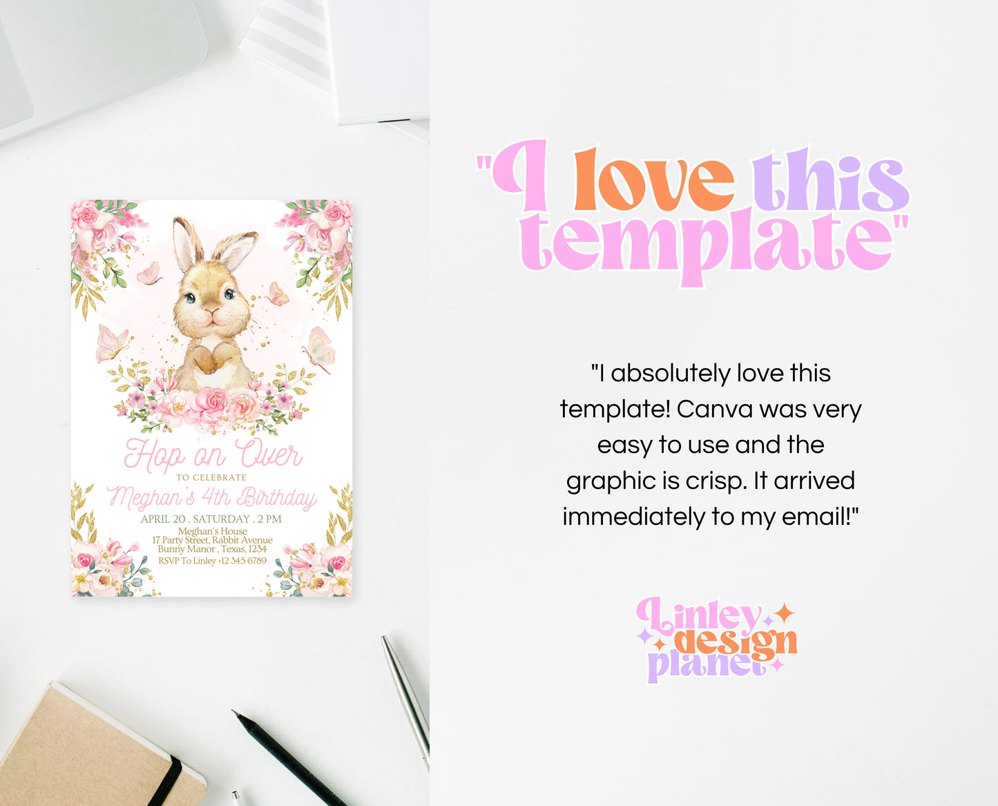 Editable Bunny Birthday Invitation, Pink Gold Some Bunny Birthday, Girl Floral Bunny Birthday, Spring Birthday Rabbit Birthday Invite, EPC09