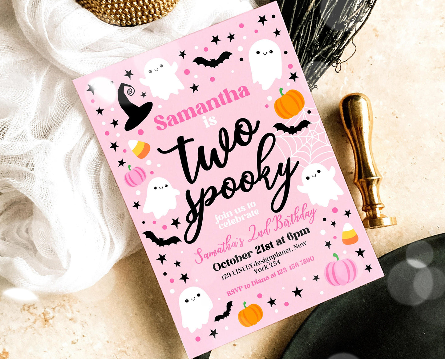 Editable Pink Halloween 2nd Birthday Invitation, Halloween Costume Party Invitation, Spooky Kids Invite, Pink Halloween Invitation Template