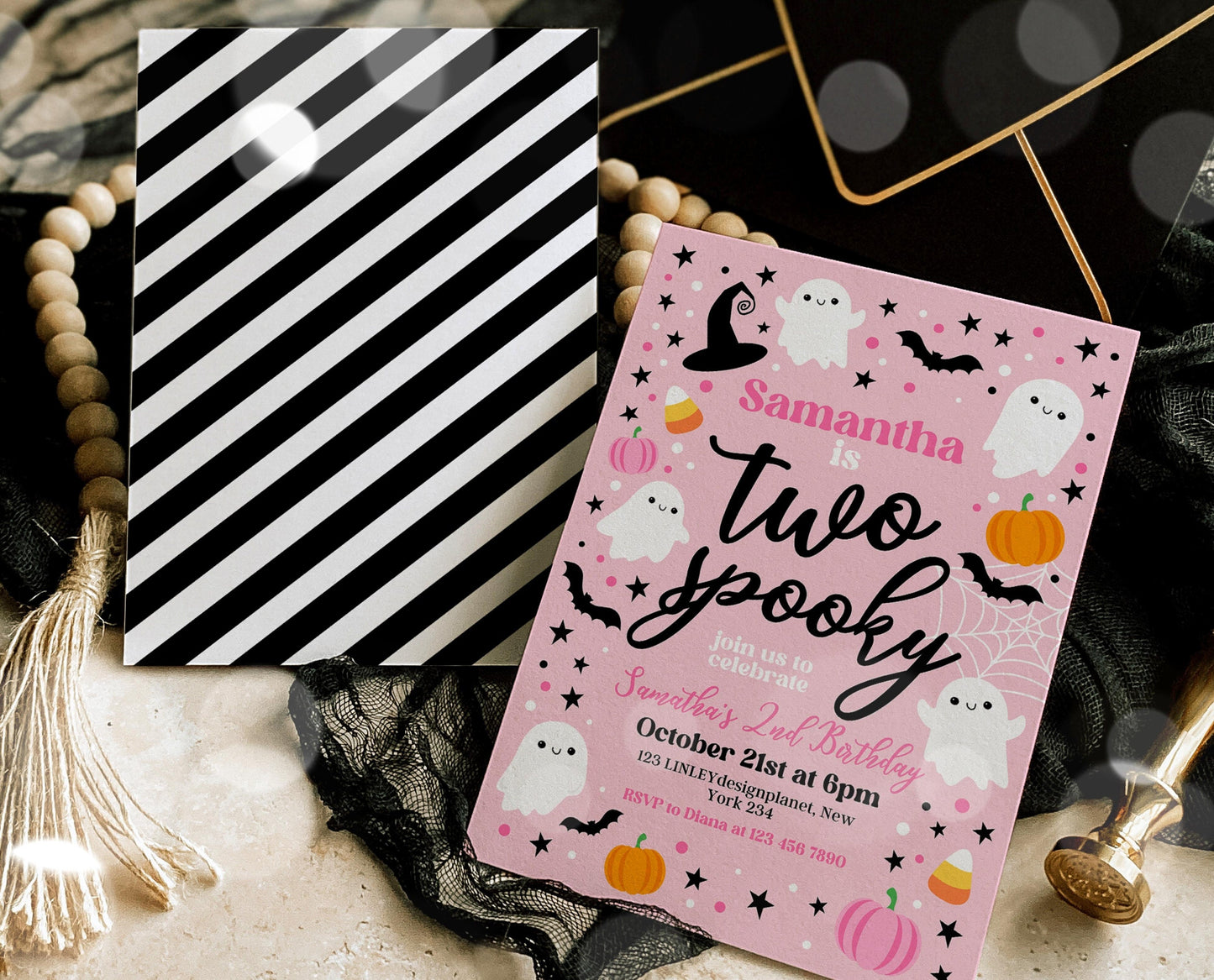Editable Pink Halloween 2nd Birthday Invitation, Halloween Costume Party Invitation, Spooky Kids Invite, Pink Halloween Invitation Template
