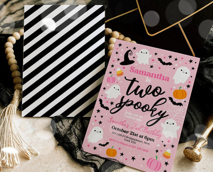 Editable Pink Halloween 2nd Birthday Invitation, Halloween Costume Party Invitation, Spooky Kids Invite, Pink Halloween Invitation Template