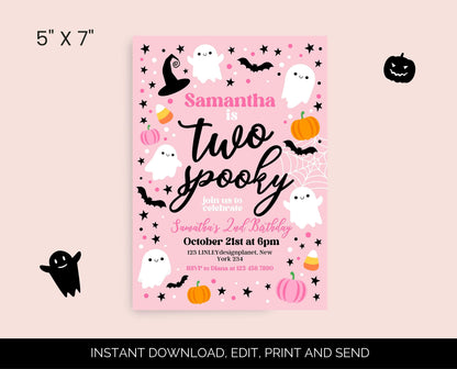 Editable Pink Halloween 2nd Birthday Invitation, Halloween Costume Party Invitation, Spooky Kids Invite, Pink Halloween Invitation Template