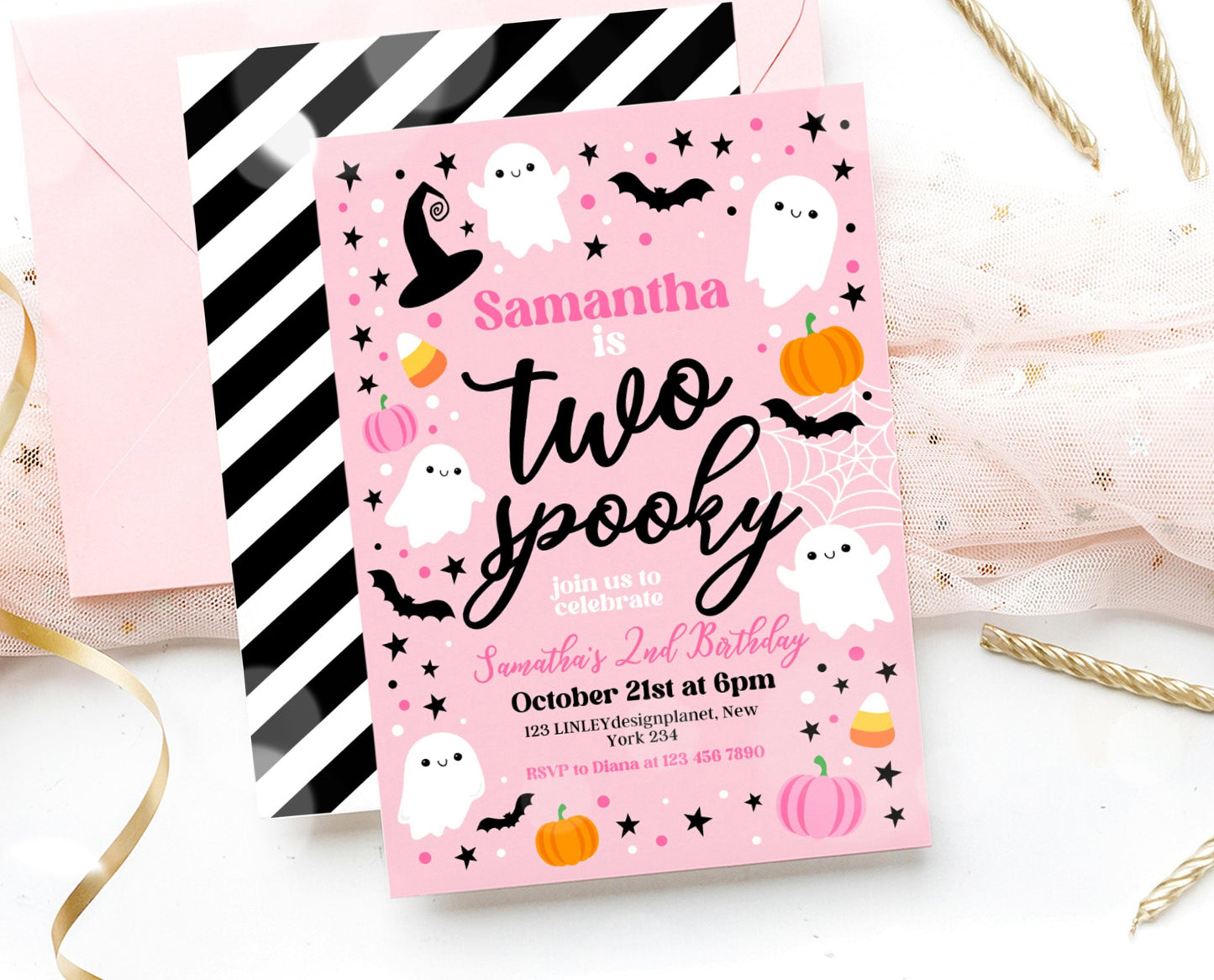 Editable Pink Halloween 2nd Birthday Invitation, Halloween Costume Party Invitation, Spooky Kids Invite, Pink Halloween Invitation Template