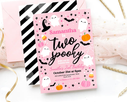 Editable Pink Halloween 2nd Birthday Invitation, Halloween Costume Party Invitation, Spooky Kids Invite, Pink Halloween Invitation Template