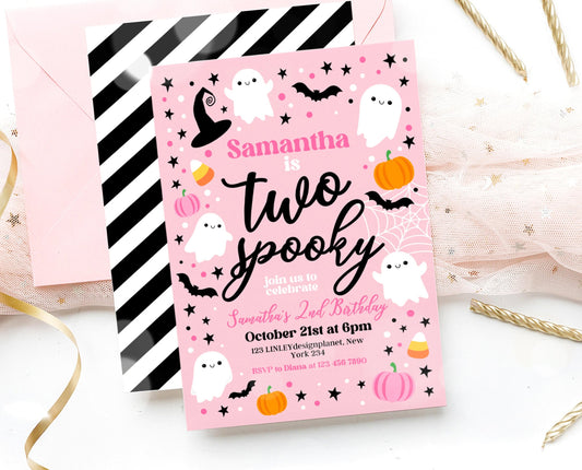 Editable Pink Halloween 2nd Birthday Invitation, Halloween Costume Party Invitation, Spooky Kids Invite, Pink Halloween Invitation Template