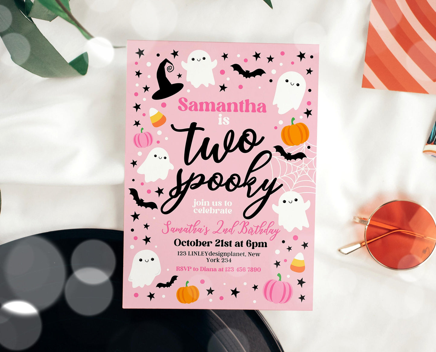 Editable Pink Halloween 2nd Birthday Invitation, Halloween Costume Party Invitation, Spooky Kids Invite, Pink Halloween Invitation Template
