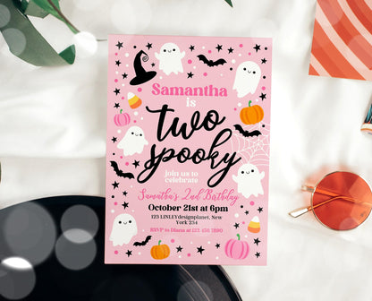 Editable Pink Halloween 2nd Birthday Invitation, Halloween Costume Party Invitation, Spooky Kids Invite, Pink Halloween Invitation Template
