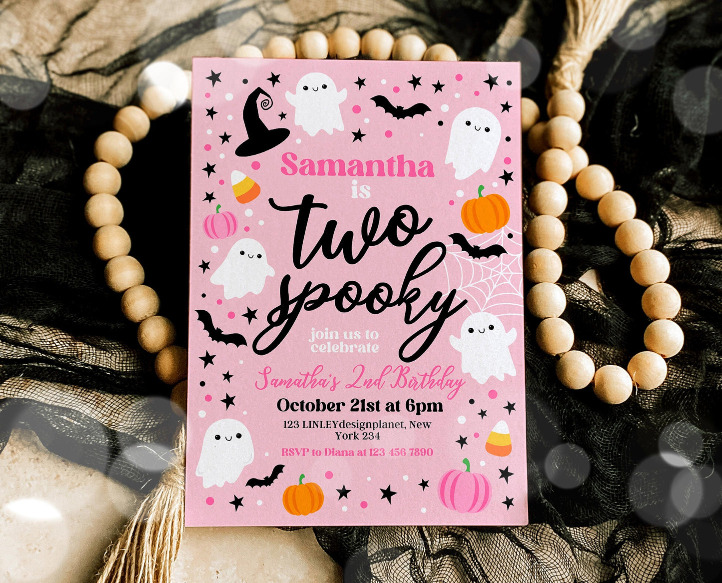 Editable Pink Halloween 2nd Birthday Invitation, Halloween Costume Party Invitation, Spooky Kids Invite, Pink Halloween Invitation Template