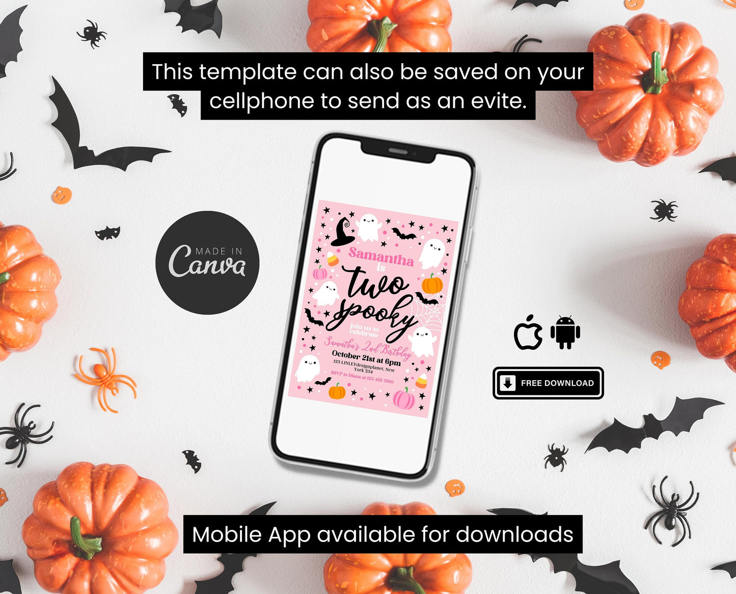 Editable Pink Halloween 2nd Birthday Invitation, Halloween Costume Party Invitation, Spooky Kids Invite, Pink Halloween Invitation Template