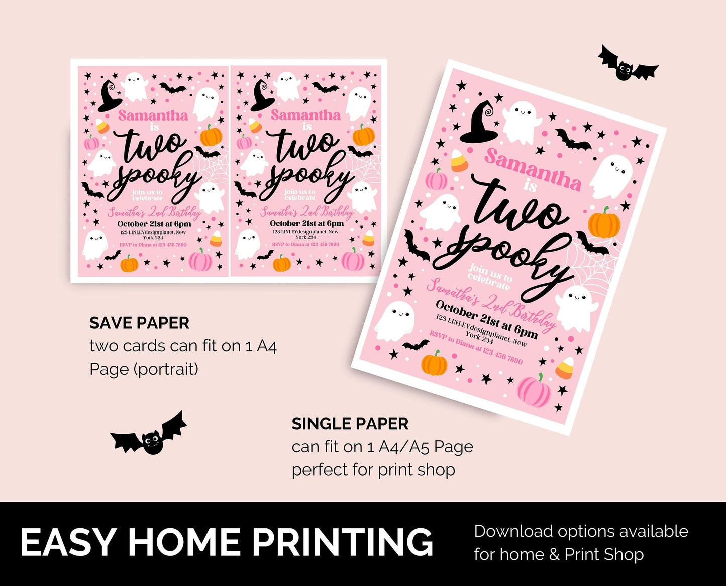 Editable Pink Halloween 2nd Birthday Invitation, Halloween Costume Party Invitation, Spooky Kids Invite, Pink Halloween Invitation Template