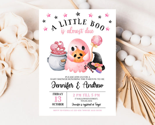 Editable Little Boo Baby Shower Invitation, Pink Ghost Girl Baby Shower Invitation, Halloween Pink Invitation, Ghost Baby Shower Invitation