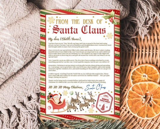 Personalized Letter from Santa Claus, From The Desk of Santa Letter Template, Christmas Eve North Pole Mail, Printable Letter From Santa