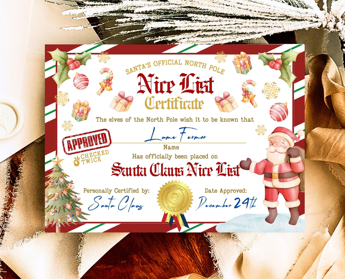 Editable Santa Clause Official Nice List, Official North Pole Nice Certificate, Santa letter Printable Template