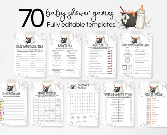 A Baby is Brewing Halloween Baby Shower Games Bundle, Neutral Halloween Baby Shower Games, Witch Baby Shower Games, 70 Baby Shower Games