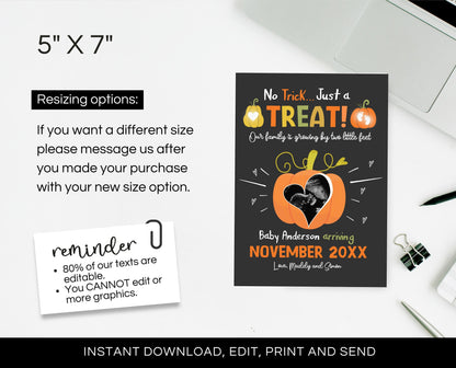 Pumpkin Pregnancy Announcement Template, Ultrasound Halloween Announcement, Trick or Treat Little Feet, Thanksgiving Fall Autumn Pregnancy